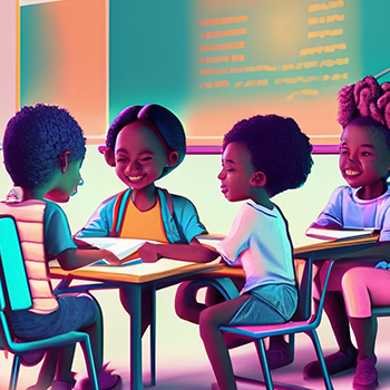 School kids learning around table