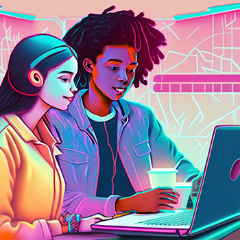 Young adult learners working at a laptop